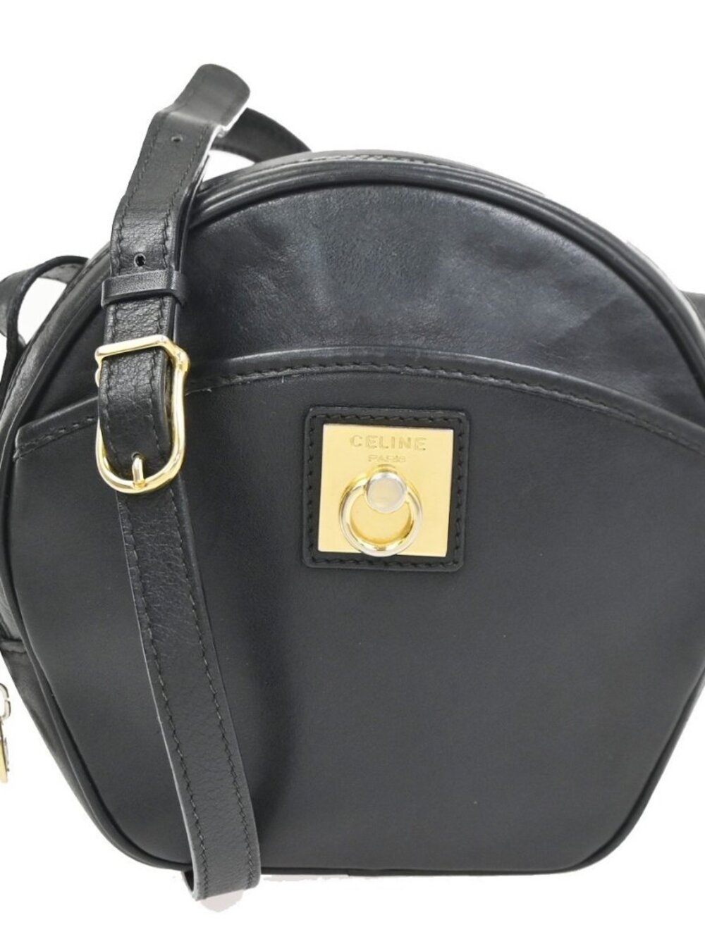 CELINE Ring Logo Crossbody Shoulder Bag Leather Black Italy GHW 38KC888